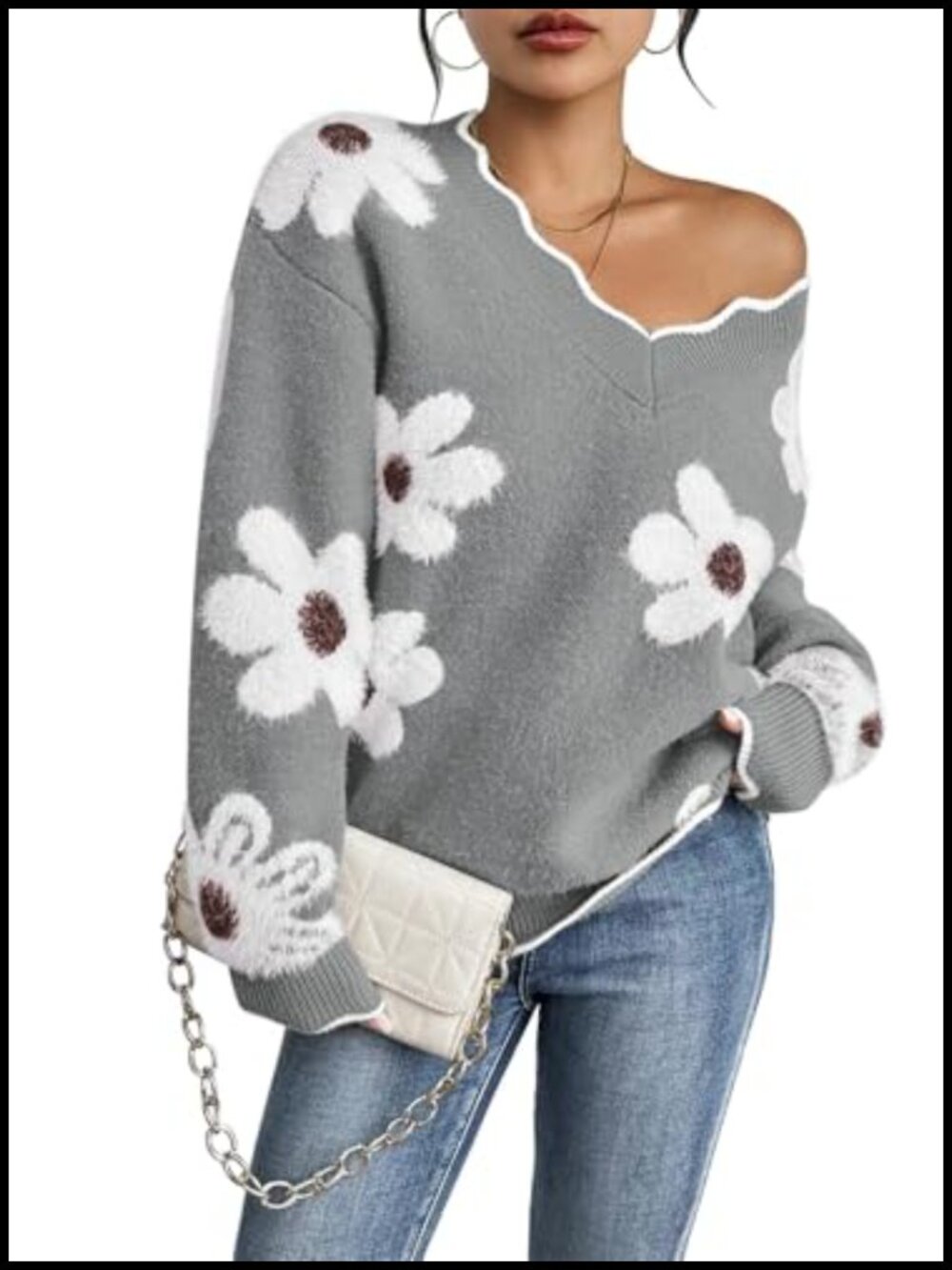 Oversized Fuzzy V-Neck Chunky Knit Pullover Sweater